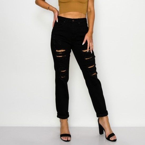 Wax Jeans - Women&#39;s Boyfriend Jeans - 90252, Color: BLACK, Size: 1
