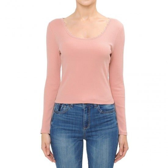 Women&#39;s Lace - Trimmed Long Sleeve - 72167, Color: PINK, Size: S