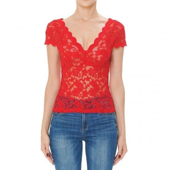 Women&#39;s V Neck Lace Top- 71838, Color: RED, Size: S