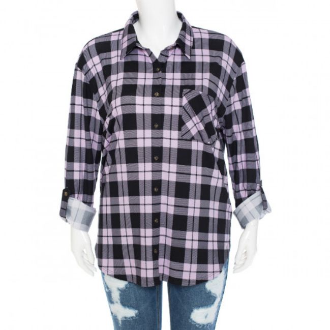 AMBIANCE PLUS SIZE WOMEN CHECKERED SHIRT STYLE 73219-1XL, Color: PURPLE/BLACK, Size: 1XL