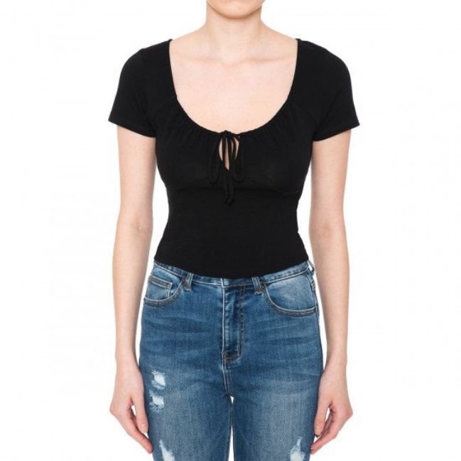 Women Ambiance Keyhole Short Sleeve Crop Tops - 73382, Color: BLACK, Size: S