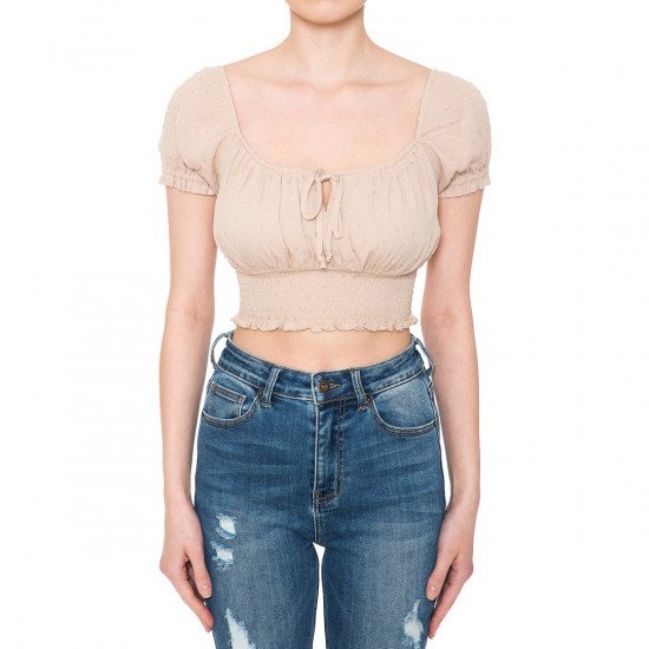 Ambiance - Women Keyhole Neck Crop Top - 73340, Color: SAND, Size: S