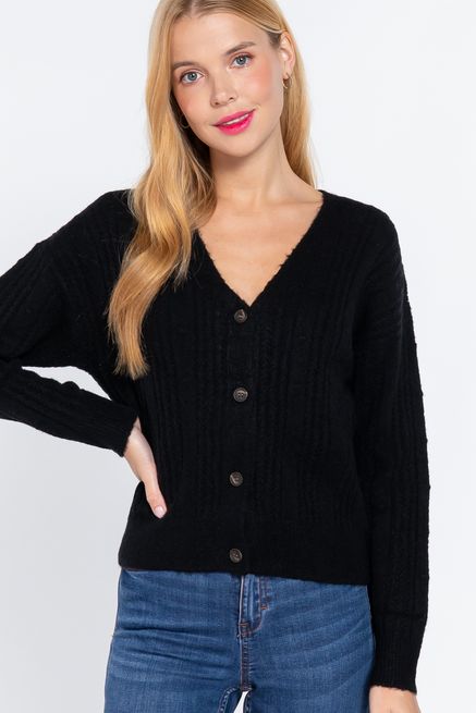 Active USA - Long Slv V-neck Knit Cardigan - SW12503, Color: BLACK, Size: S