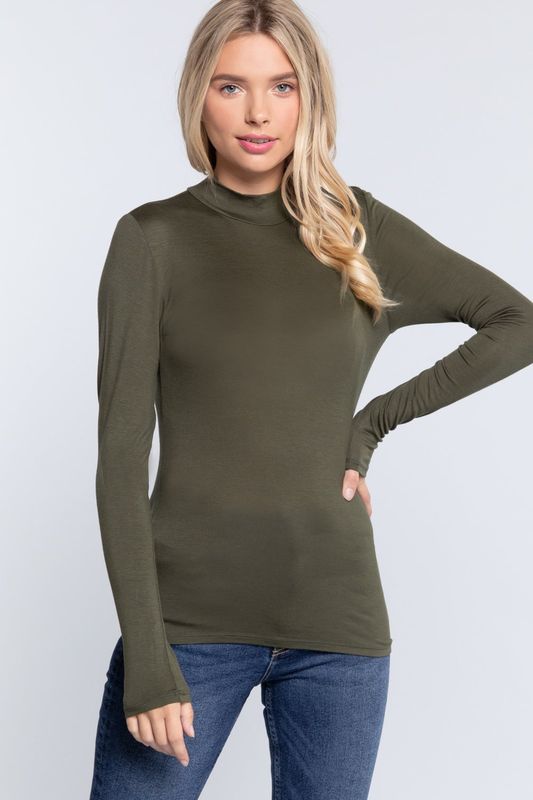 Active USA - Mock Neck Rayon Jersey Top - T12005 , Color: BURNT OLIVE, Size: S