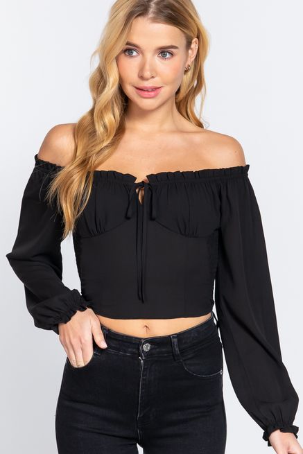 Active USA - Off Shoulder Smocking Woven Top - T13221, Color: BLACK, Size: S