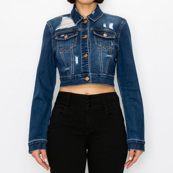 Wax Jean - Women&#39;s Crop Destructed Denim Jacket - 90272, Color: DARK, Size: S