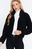 Active USA - Long Slv Faux Fur Zip-up Jacket - J12573, Color: BLACK, Size: S