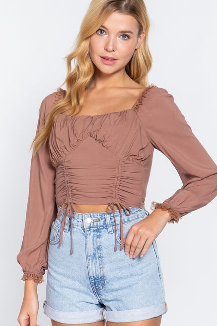Active USA - Long Slv Ruched Woven Top - T12688, Color: MOCHA, Size: S