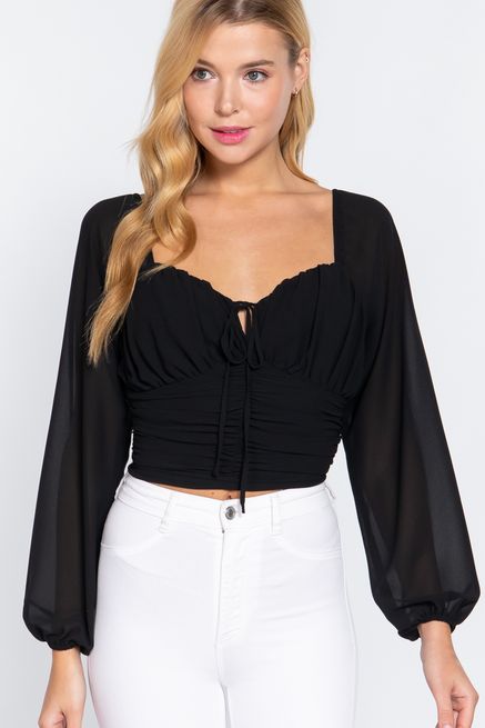 Active USA - Long Slv Shirring Woven Top - T12647, Color: BLACK, Size: S