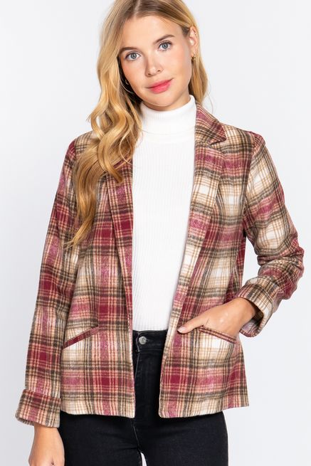 Active USA - Notched Collar Plaid Jacket - J13268, Color: WINE/BROWN, Size: S