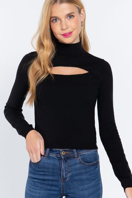 Active USA - Long Slv Mock Neck Keyhole Sweater - SW12488, Color: BLACK, Size: S