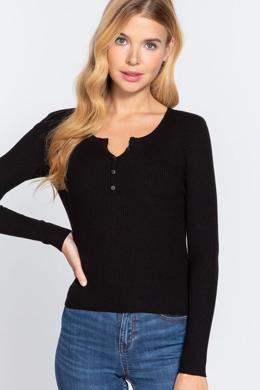  Active USA - VIscose Henley Sweater - SW10807-N, Color: BLACK, Size: S