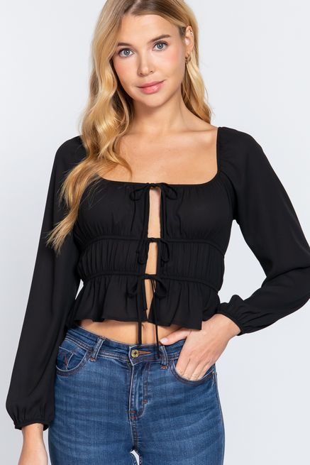  Active USA - Long Slv W/ Ribbon Shirring Woven Top - T13215, Color: BLACK, Size: S