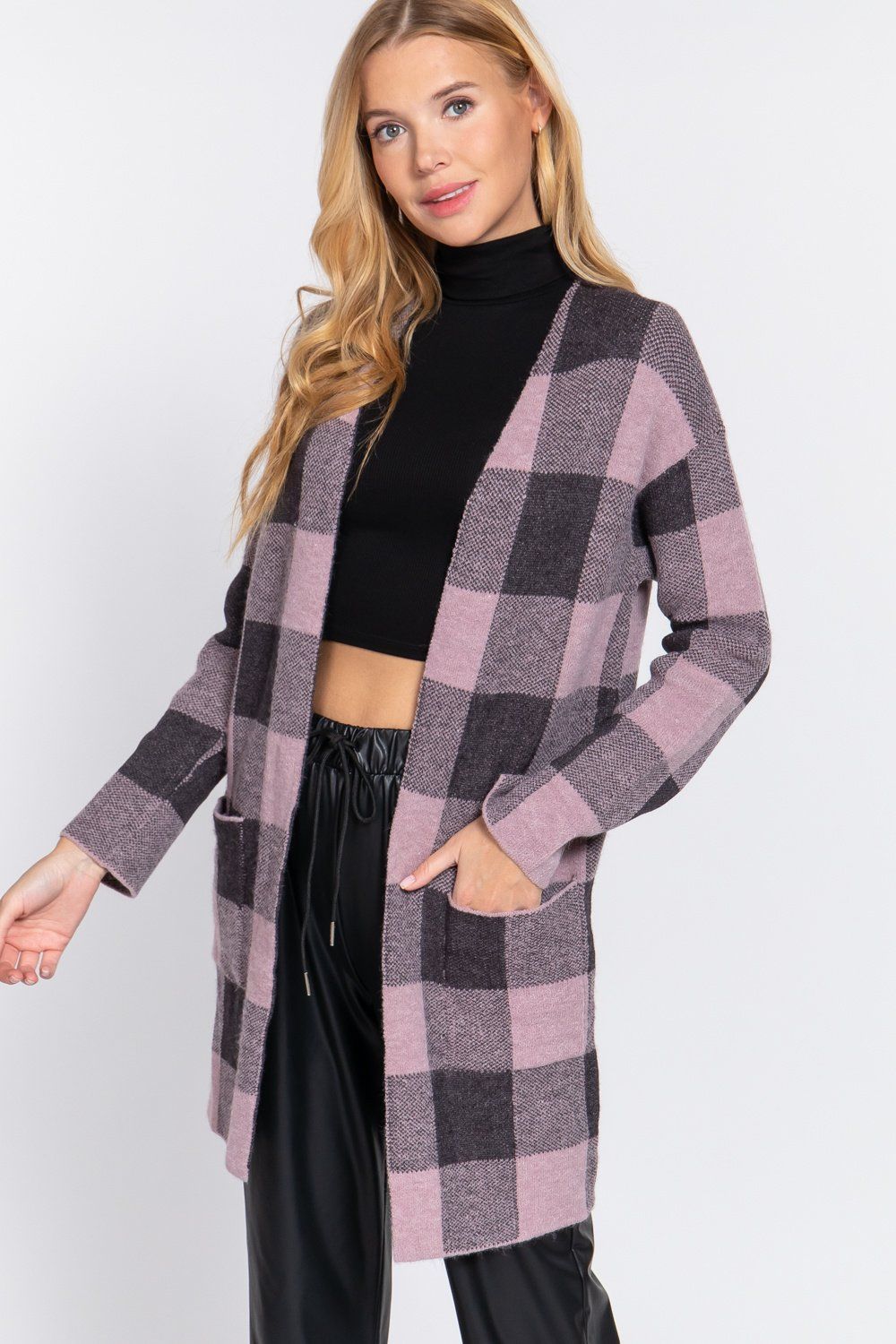 Active USA - FRONT OPEN JACQUARD SWEATER CARDIGAN - SW13370, Color: MAUVE/CHARCOAL, Size: S