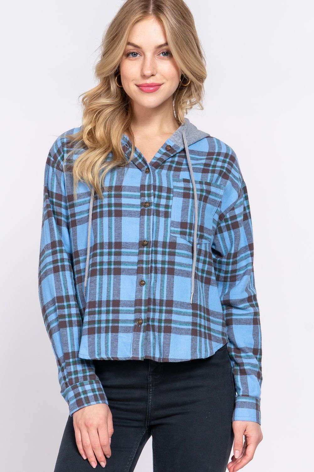 Active USA - Long Slv Hoodie Plaid Shirt - T13581, Color: BLUE/BROWN, Size: S
