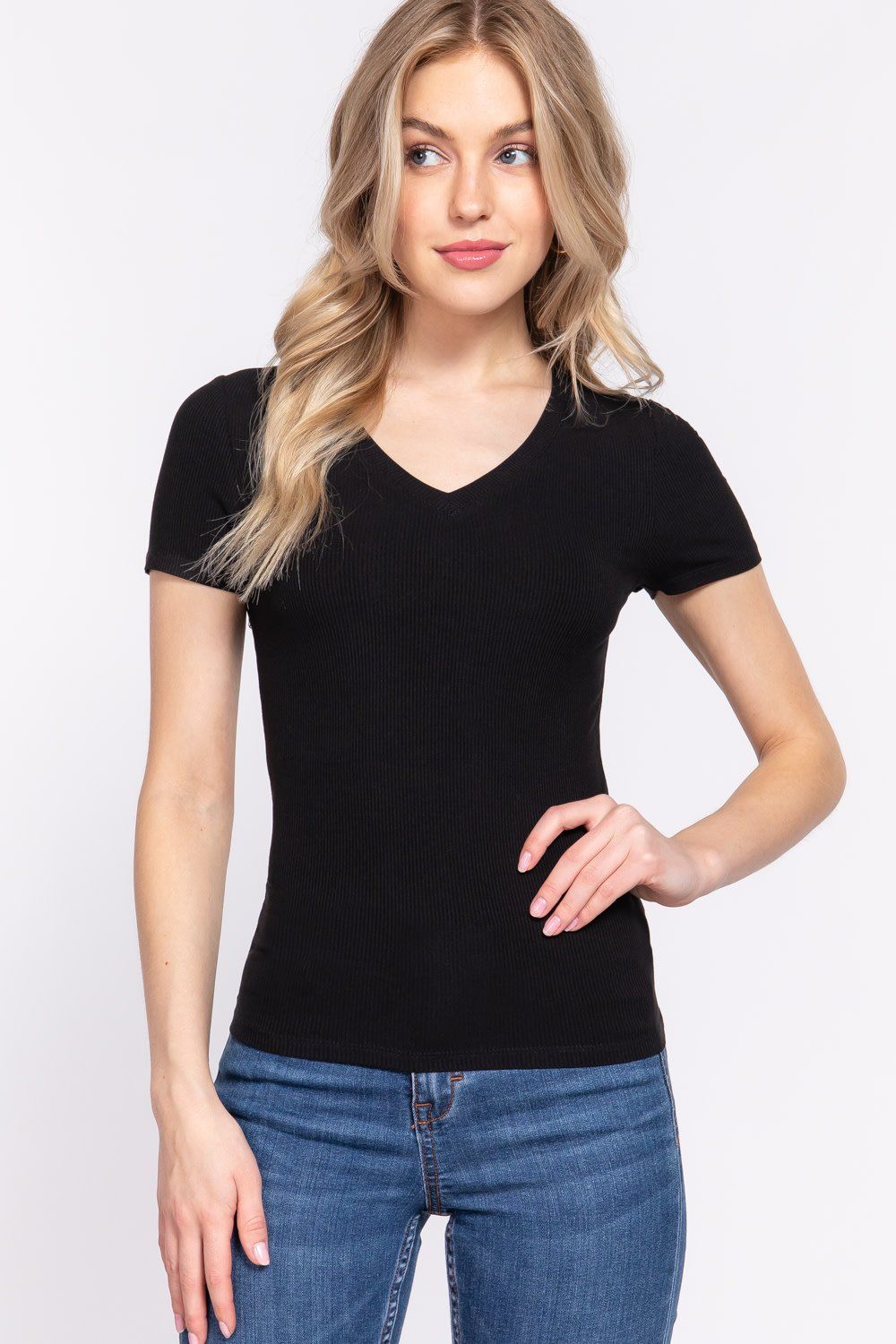 Active USA - Short Slv V-neck Rayon Rib Knit Top - T13549, Color: BLACK, Size: S