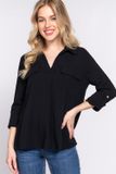 Active USA - 3/4 Roll Up Slv Notched Collar Blouse - T13603, Color: BLACK, Size: S