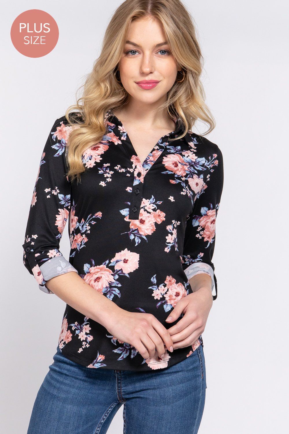 (PLUS) 3/4 Roll Up Slv Notched Print Knit Top - T73625, Color: BLACK, Size: XL