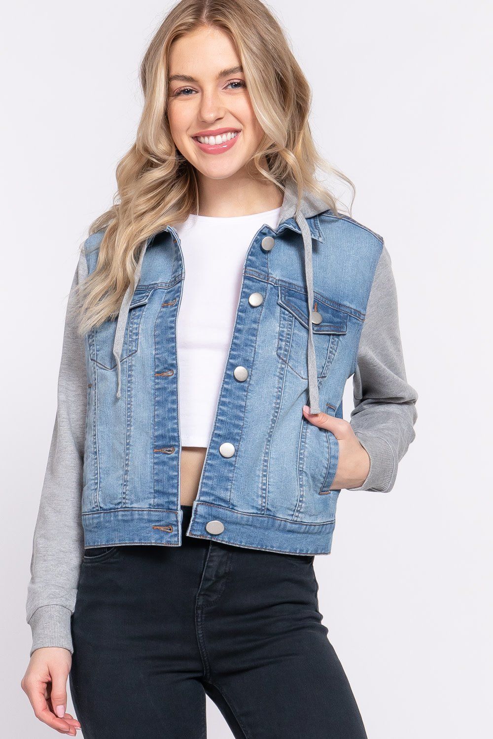 Long Sleeve Hoodie Stretch Denim Jacket - J13573, Color: BLUE, Size: S