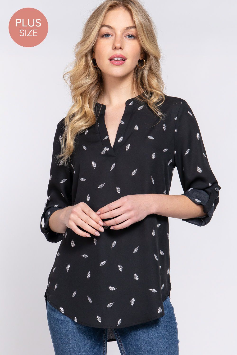 Active USA - (PLUS) 3/4 Roll Up Slv V-Neck Print Blouse - T73630ASST, Color: BLACK, Size: XL