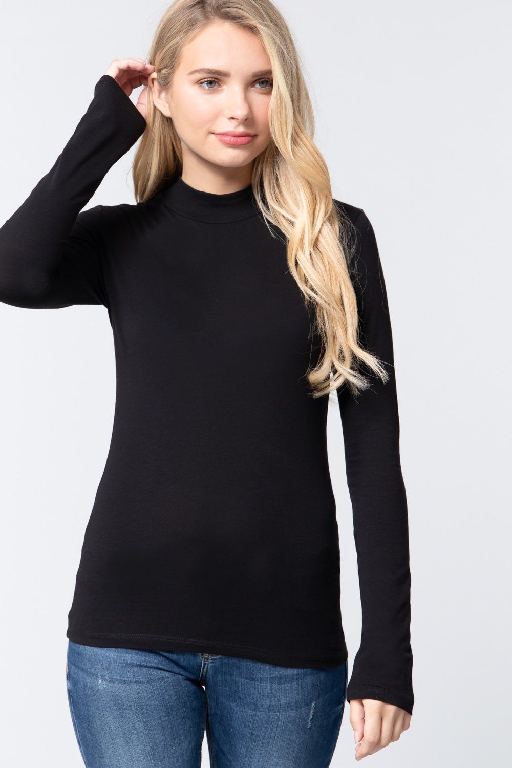  Active USA - Mock Neck Cotton Spandex  Jersey Top - T12006 , Color: BLACK, Size: S