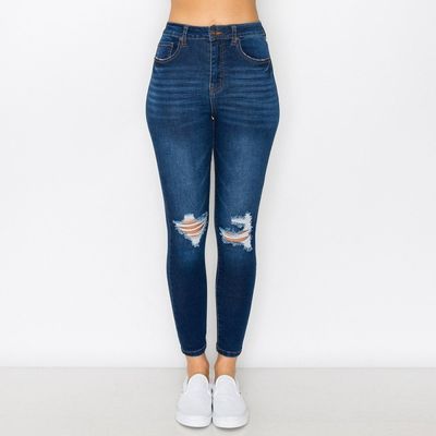 Wax Jean - High-Rise Knee Destructed Skinny W/ 3D Whiskers - 90297, Color: DARK, Size: 1