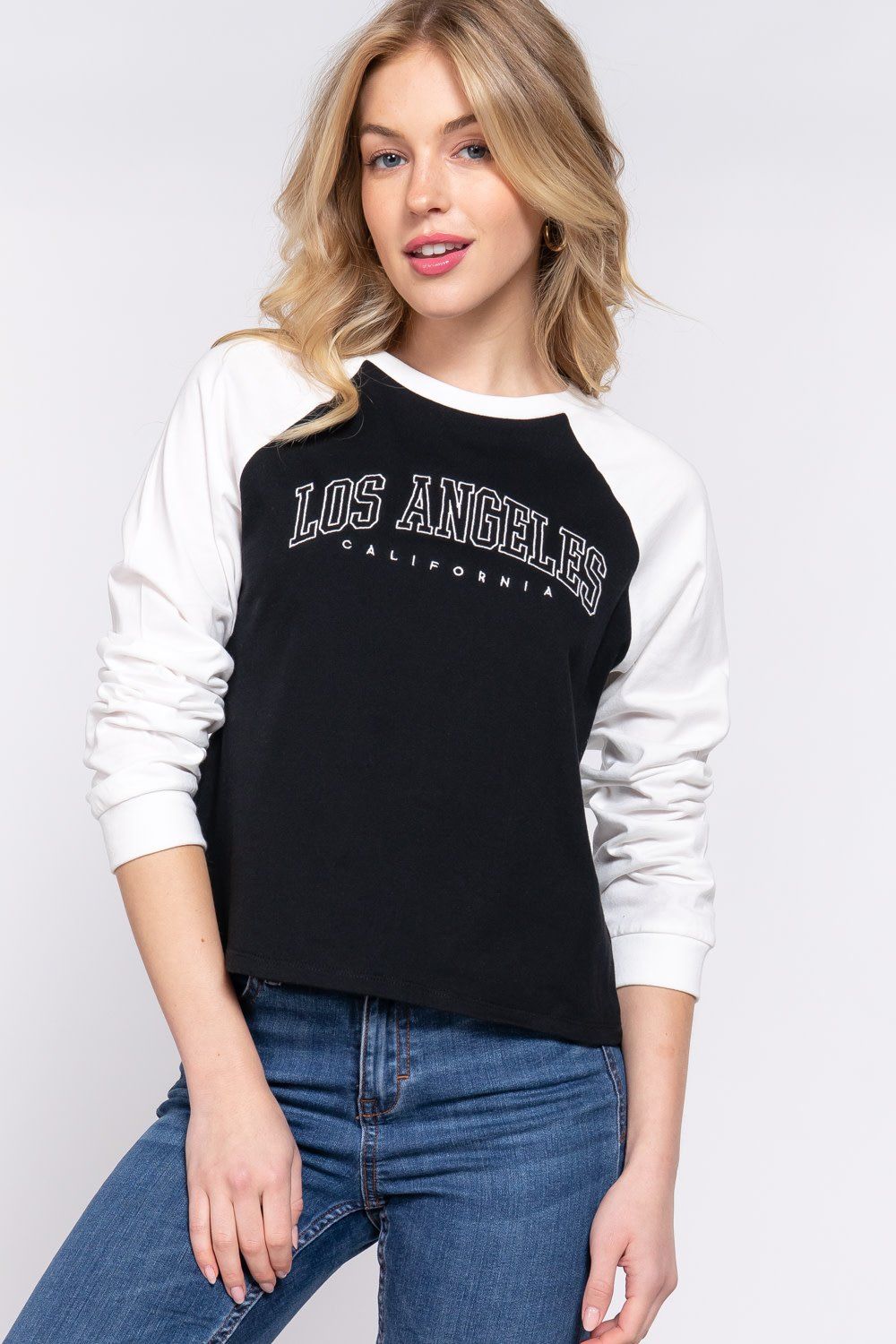 Long Sleeve Los Angeles Embo Knit Top - T13601, Color: BLACK, Size: S