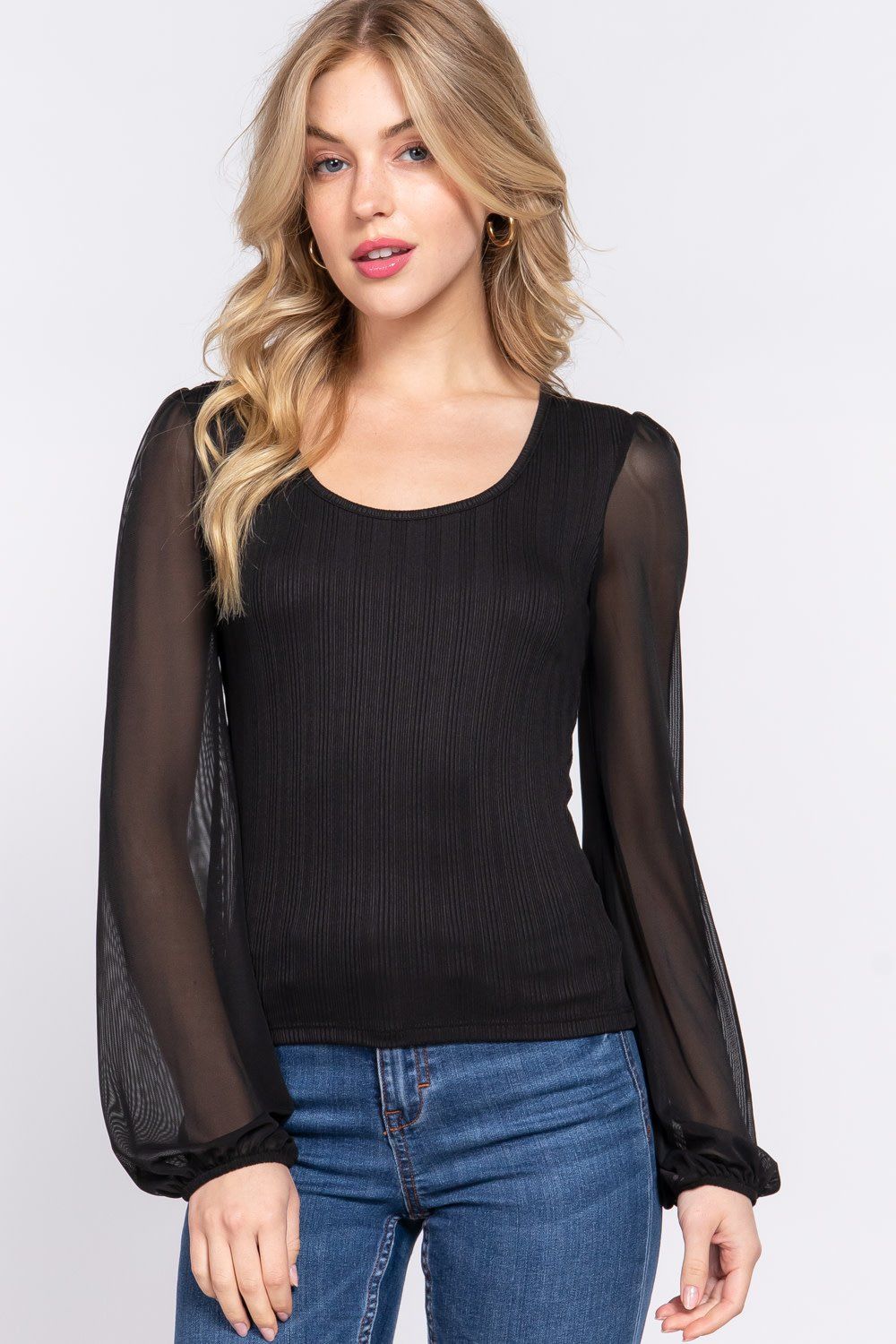 Active USA - Long Mesh Slv Variegated Rib Knit Top - T13656, Color: BLACK, Size: S