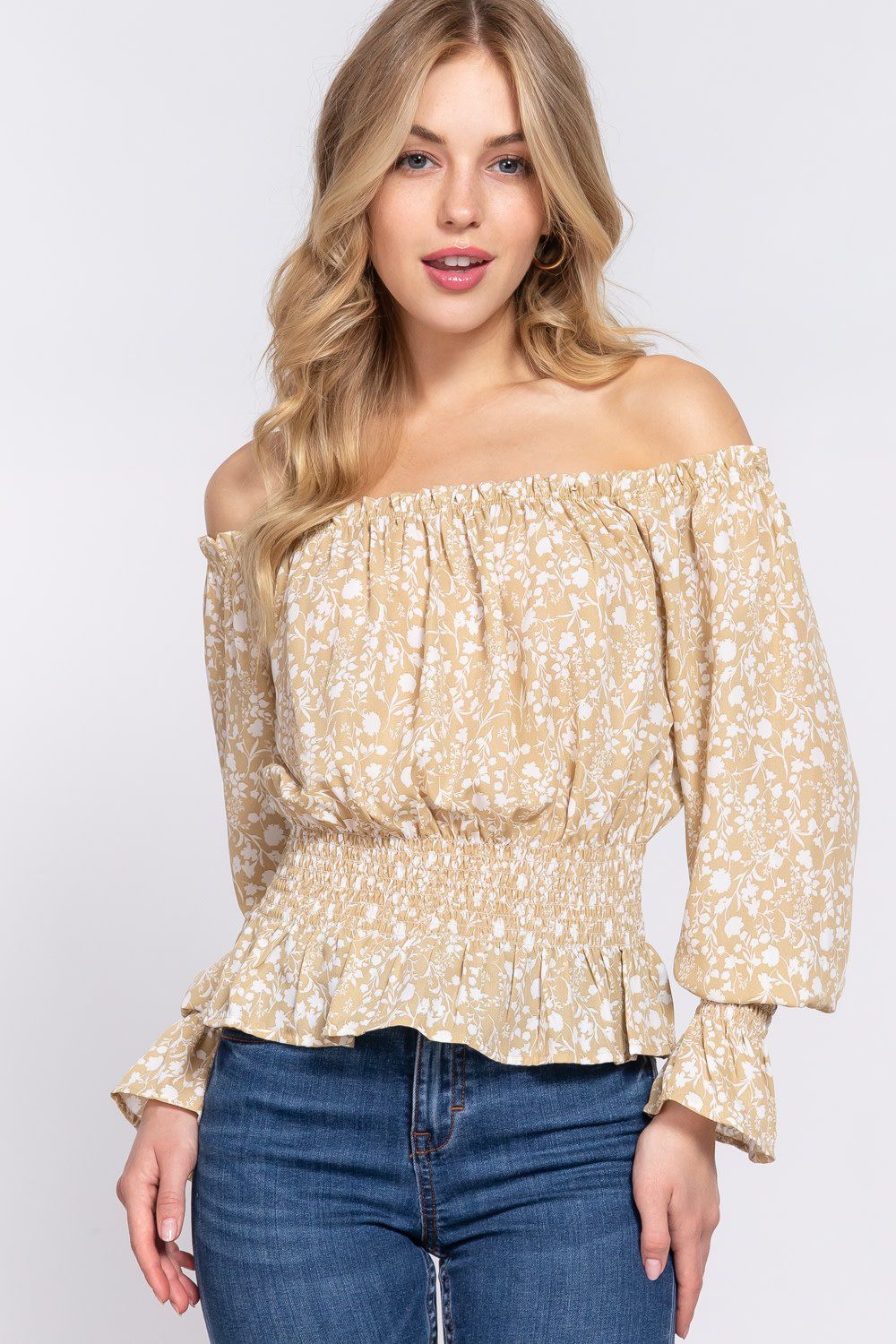 Active USA - Off Shoulder Smocking Print Blouse - T13602, Color: Khaki/Ivory, Size: S