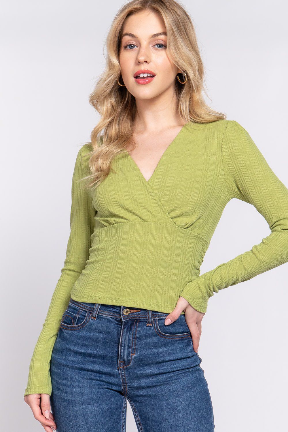 Long Sleeve Front Surplice Knit Top - T13655, Color: GREEN, Size: S