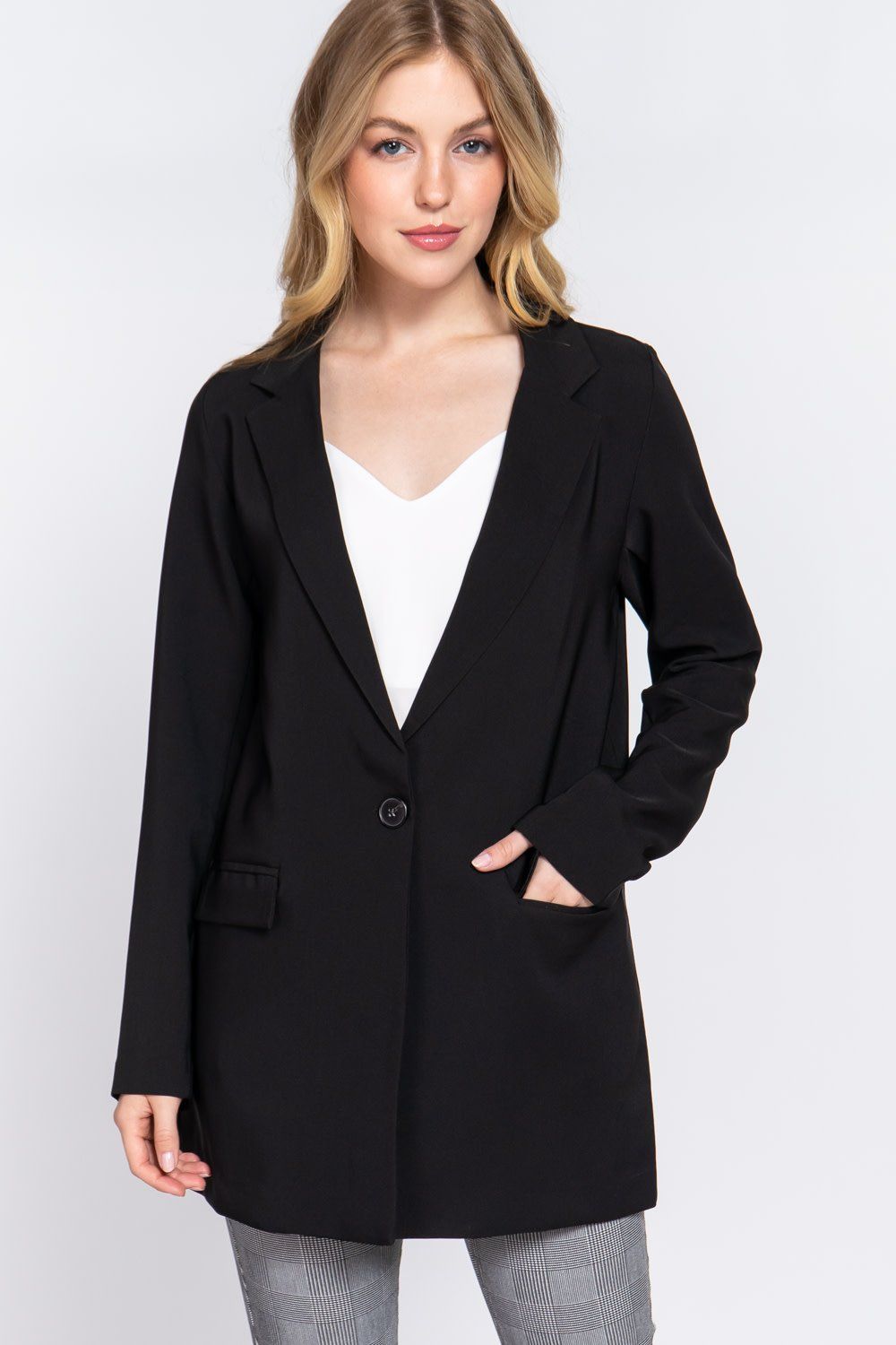 Active USA - Women&#39;s Long Sleeve Notched Tunic Blazer - J13394, Color: Black, Size: S