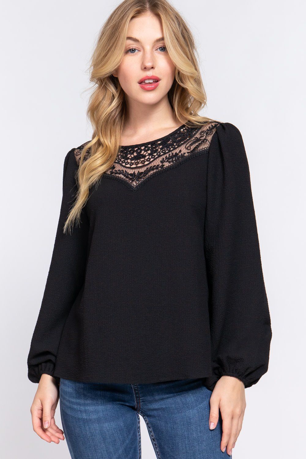 Active USA - Women&#39;s Crochet Lace Panel Woven Top - T13670, Color: BLACK, Size: S