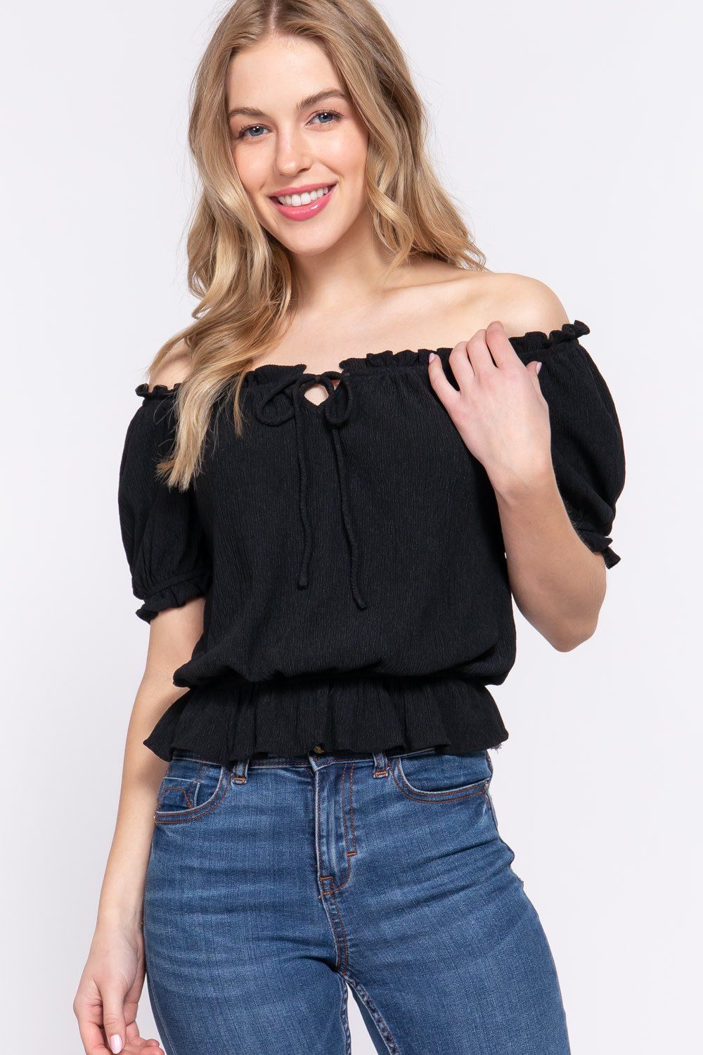 Off Shoulder Elastic Waist Woven Top - T13497, Color: BLACK, Size: S