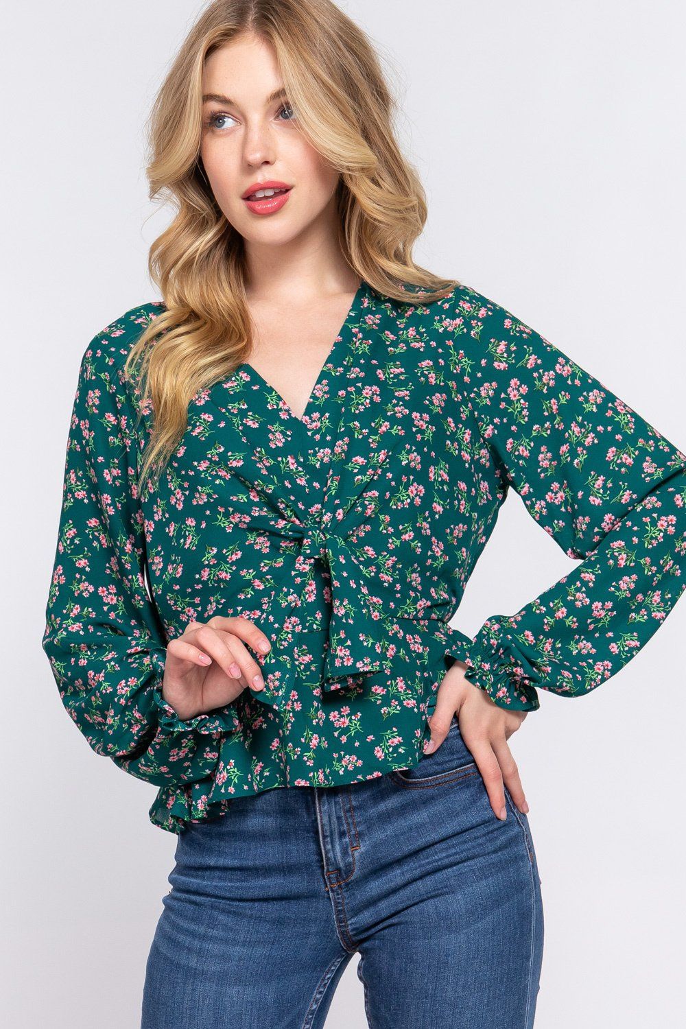 Active USA - Long Sleeve V-Neck Front Tie Print Woven Top - T13707, Color: GREEN/PINK, Size: S