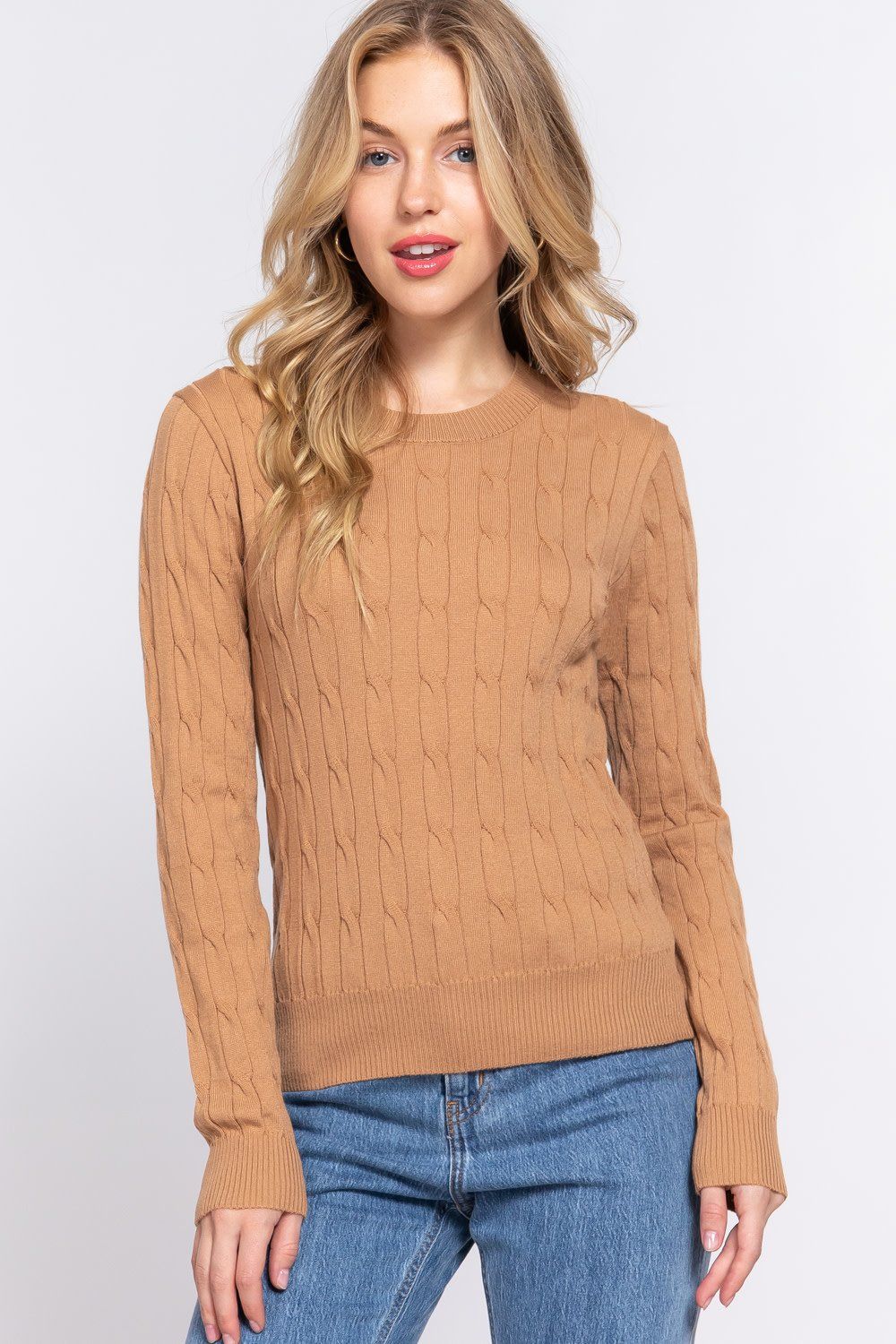 Active USA - Women&#39;s Long Sleeve Cable Sweater - SW13722, Color: KHAKI, Size: S