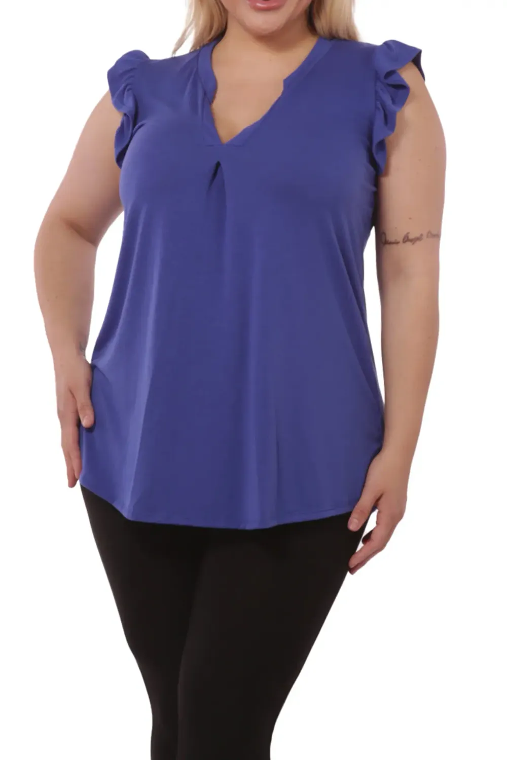 WOMENS PLUS SIZE V NECK TOP -XT7411, Color: BLUE, Size: 1X