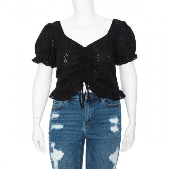 Ambiance - Women&#39;s Broderie S/S Crop Top - 73546XL, Color: BLACK, Size: 1X