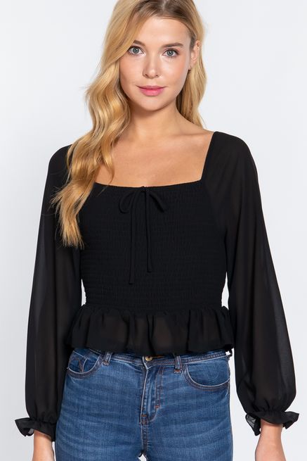 Active USA - Long Slv Smocked Woven Top - T12689, Color: BLACK, Size: S