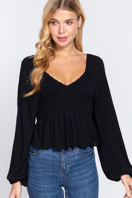 Active USA - Long Slv Ruffle Detail Woven Top - T13231, Color: BLACK, Size: S