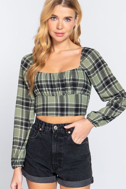 Long Slv Plaid Print Woven Crop Top - T13218, Color: OLIVE, Size: S