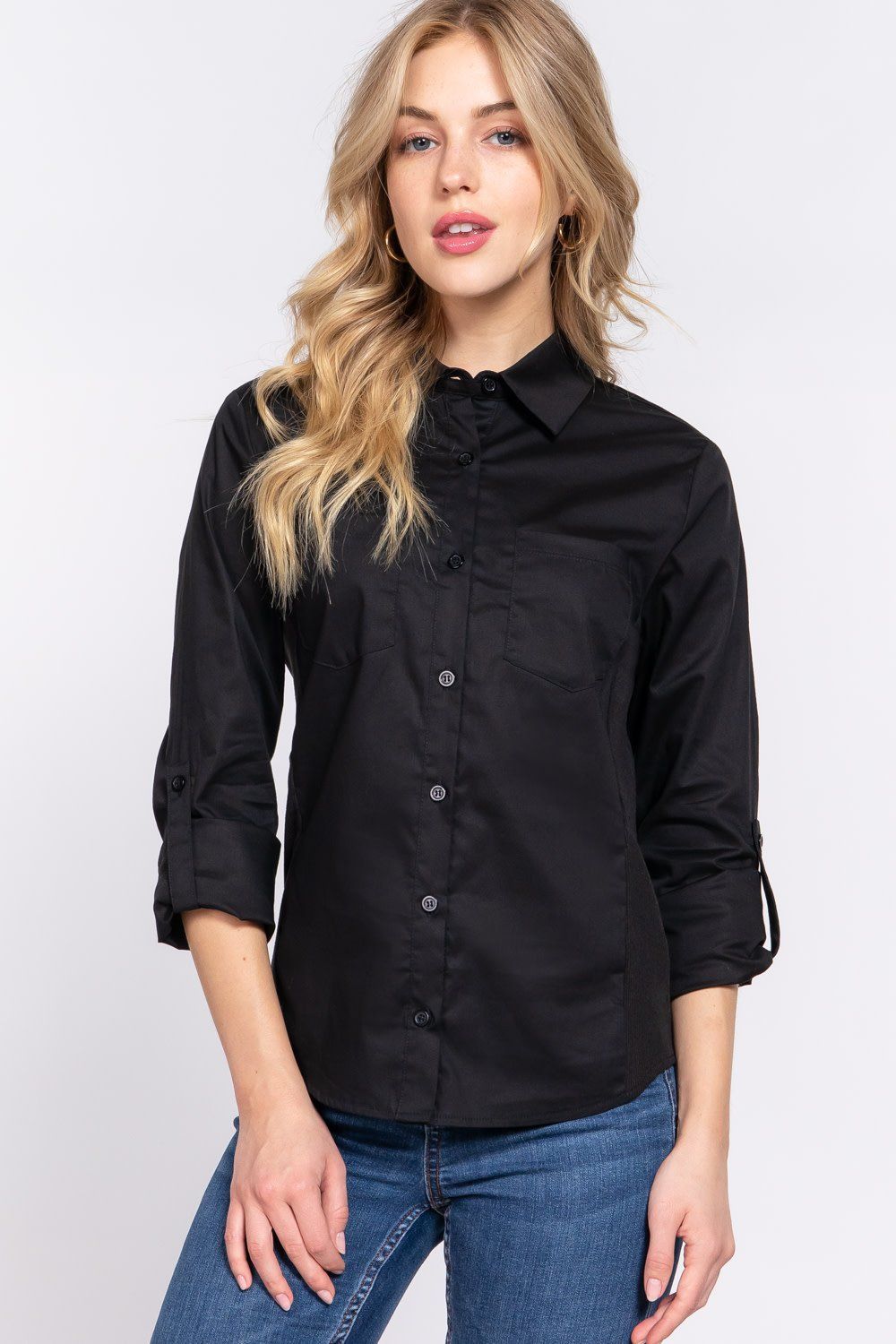 Active USA - 3/4 Roll Up Slv Stretch Shirt - T13463, Color: BLACK, Size: S