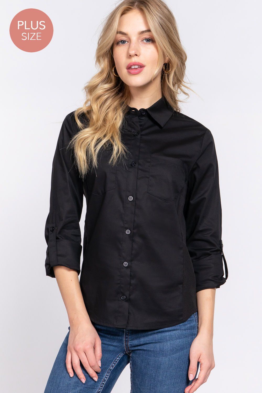 Active USA - (Plus) 3/4 Roll Up Slv Stretch Shirt - T73463, Color: BLACK, Size: XL
