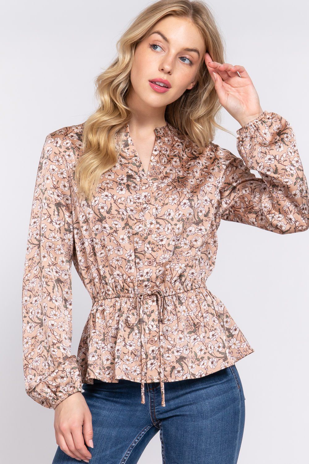 Elastic Waist Print Satin Blouse - T13622, Color: KHAKI, Size: S
