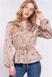 Elastic Waist Print Satin Blouse - T13622, Color: KHAKI, Size: S