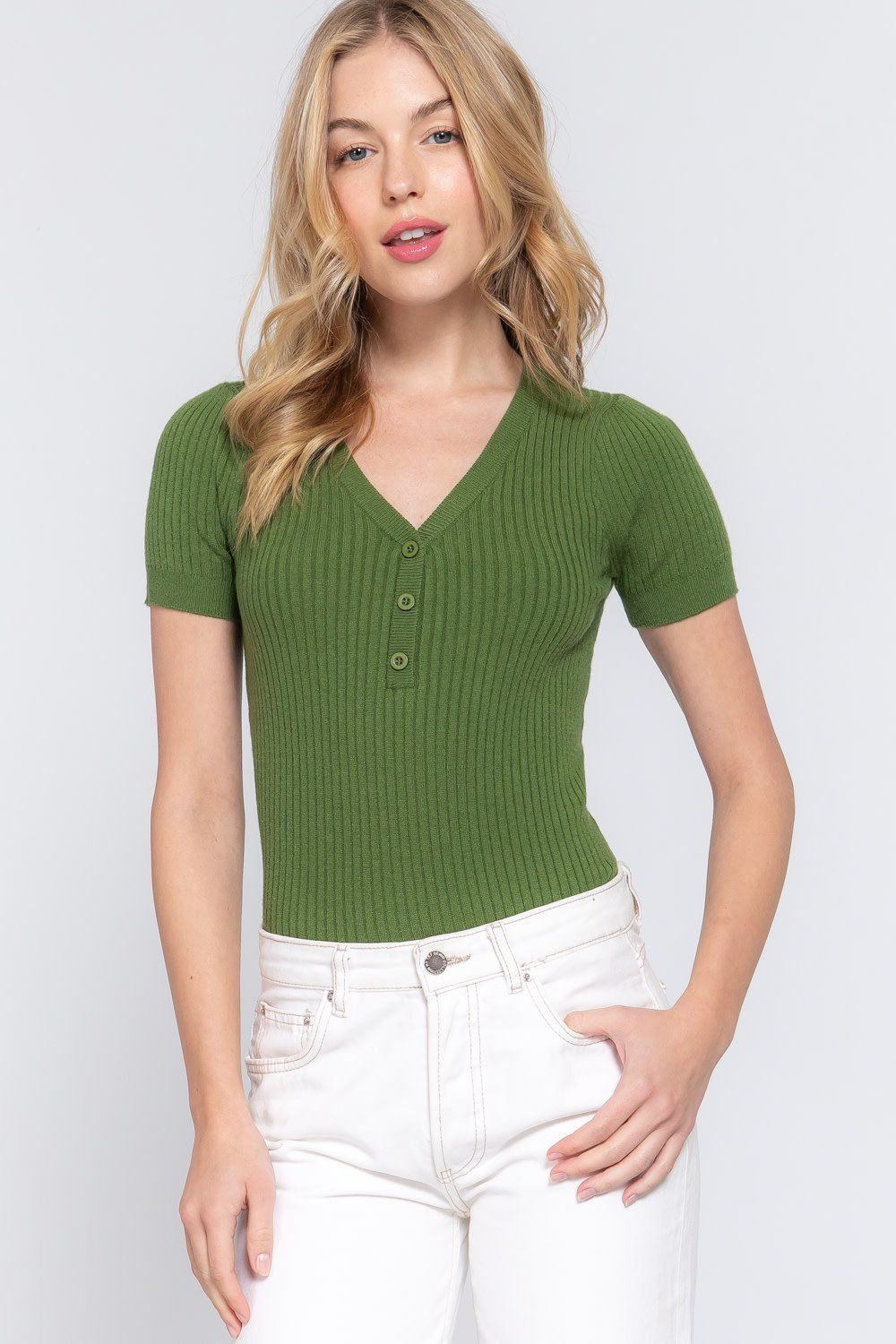 Active USA - Women&#39;s V-neck Henley Spring Sweater - T13851, Color: GREEN, Size: S