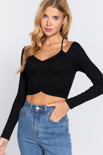 Active USA - Long Slv Layered Halter Knit Top - T13283, Color: BLACK, Size: S