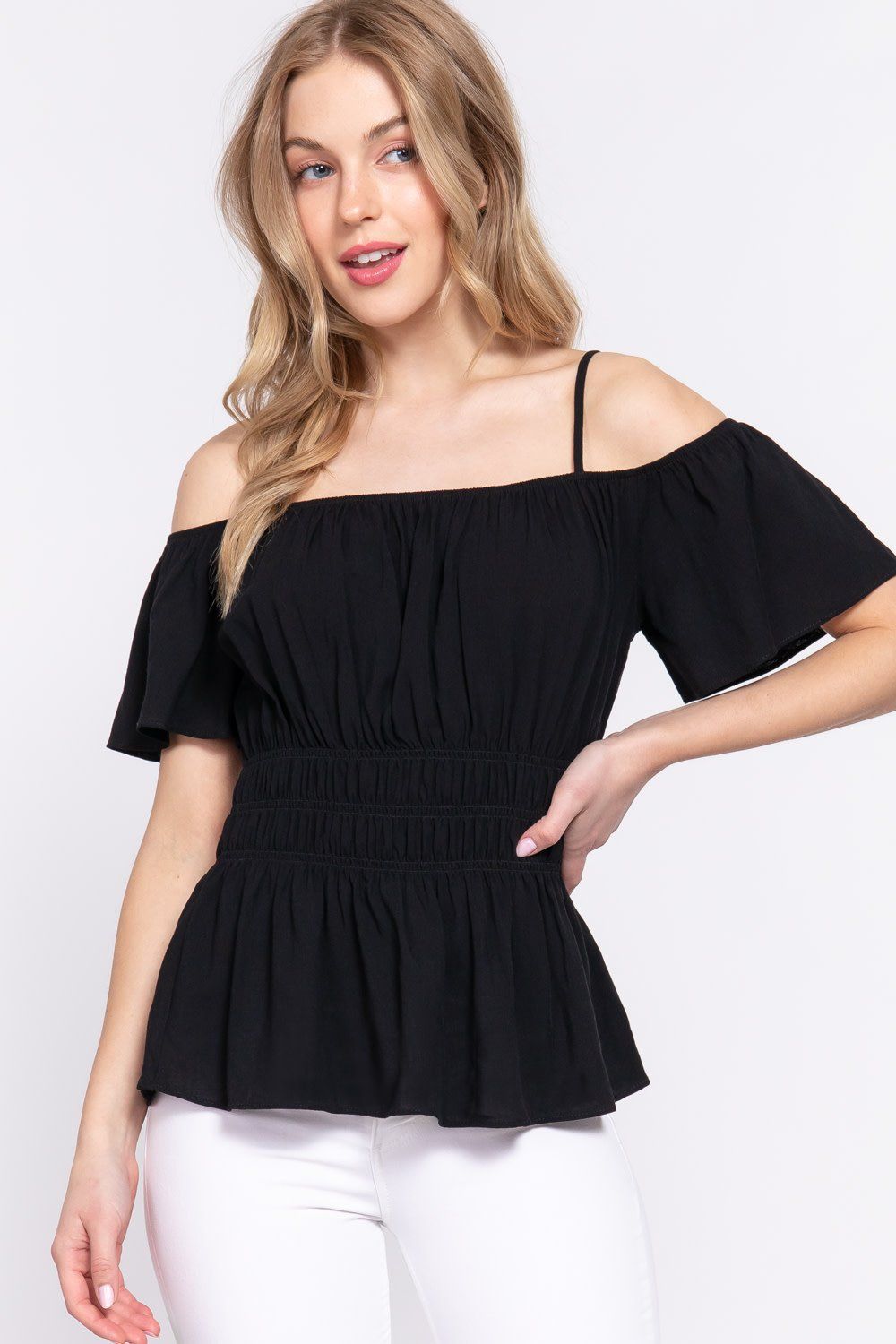 Open Shoulder Smocking Woven Top - T13423, Color: BLACK, Size: S