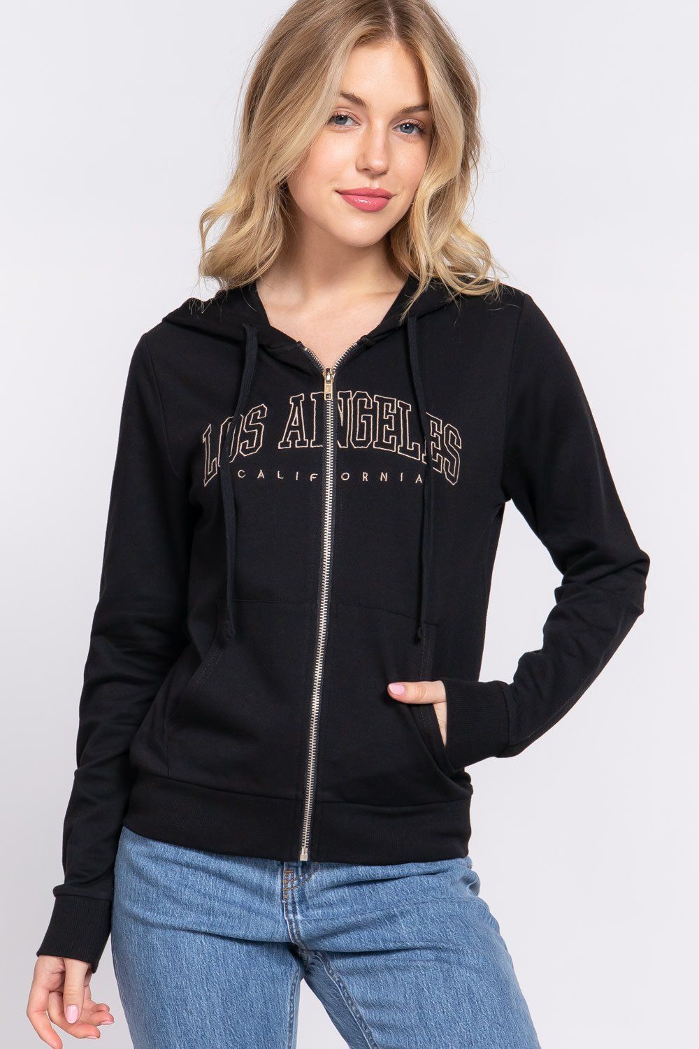 Active USA - Long Slv Embroidery Hoodie French Terry Jacket - J13571, Color: BLACK, Size: S