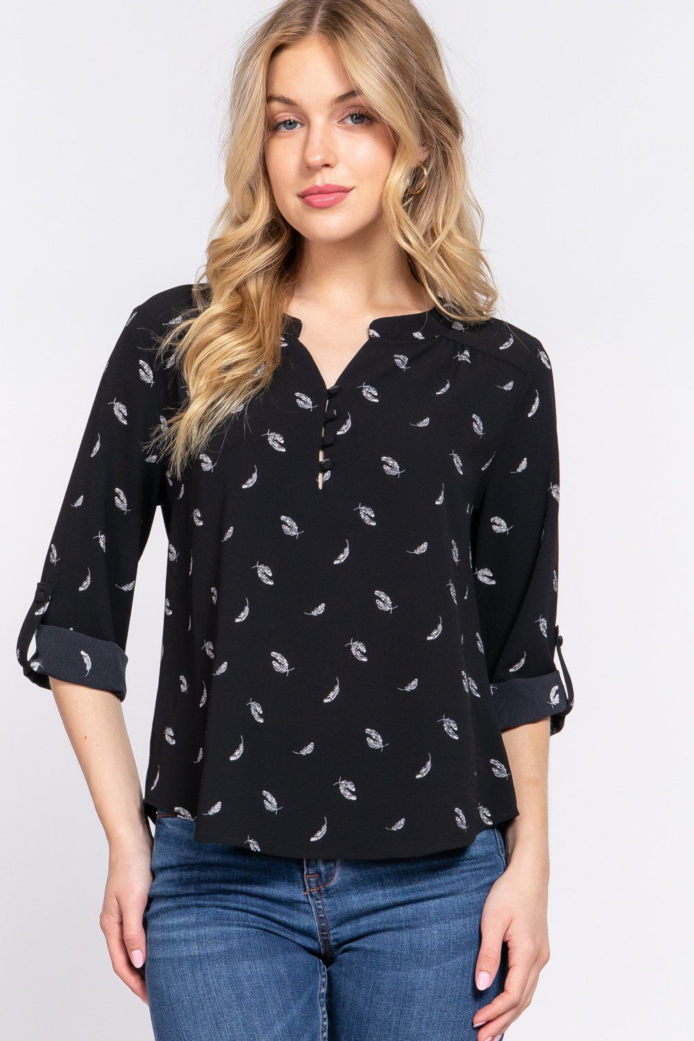 ACTIVE USA 3/4 SLEEVE OPEN NECK BUTTON KNIT TOP T13657, Color: BLACK, Size: S