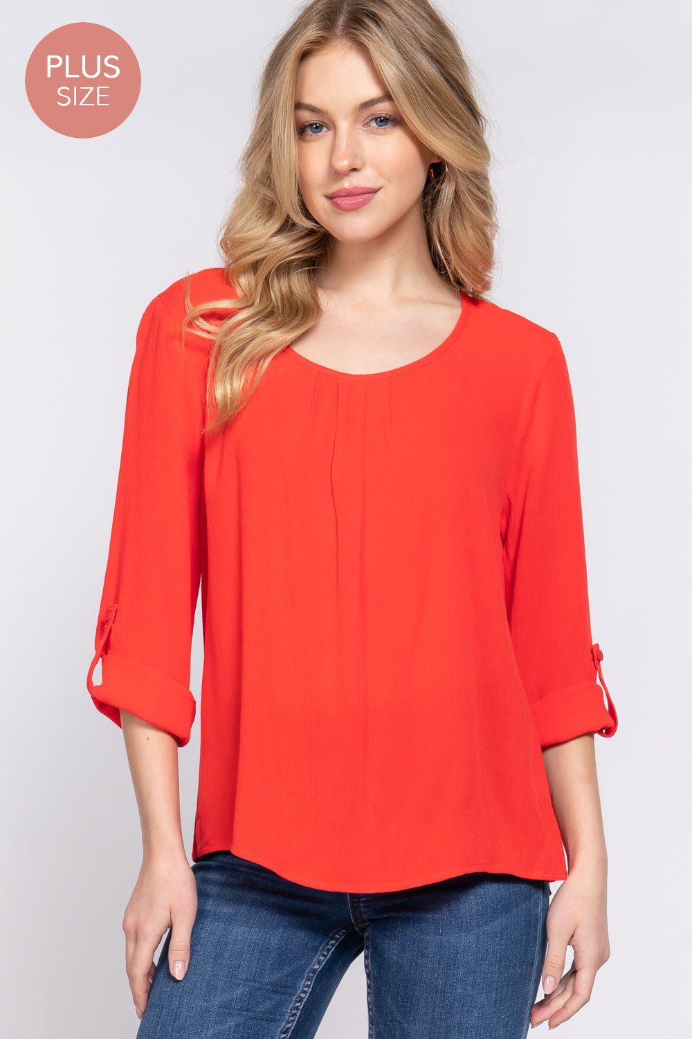 Active USA - (PLUS) 3/4 Roll Up Slv Pleated Blouse - T73620, Color: TOMATO, Size: XL
